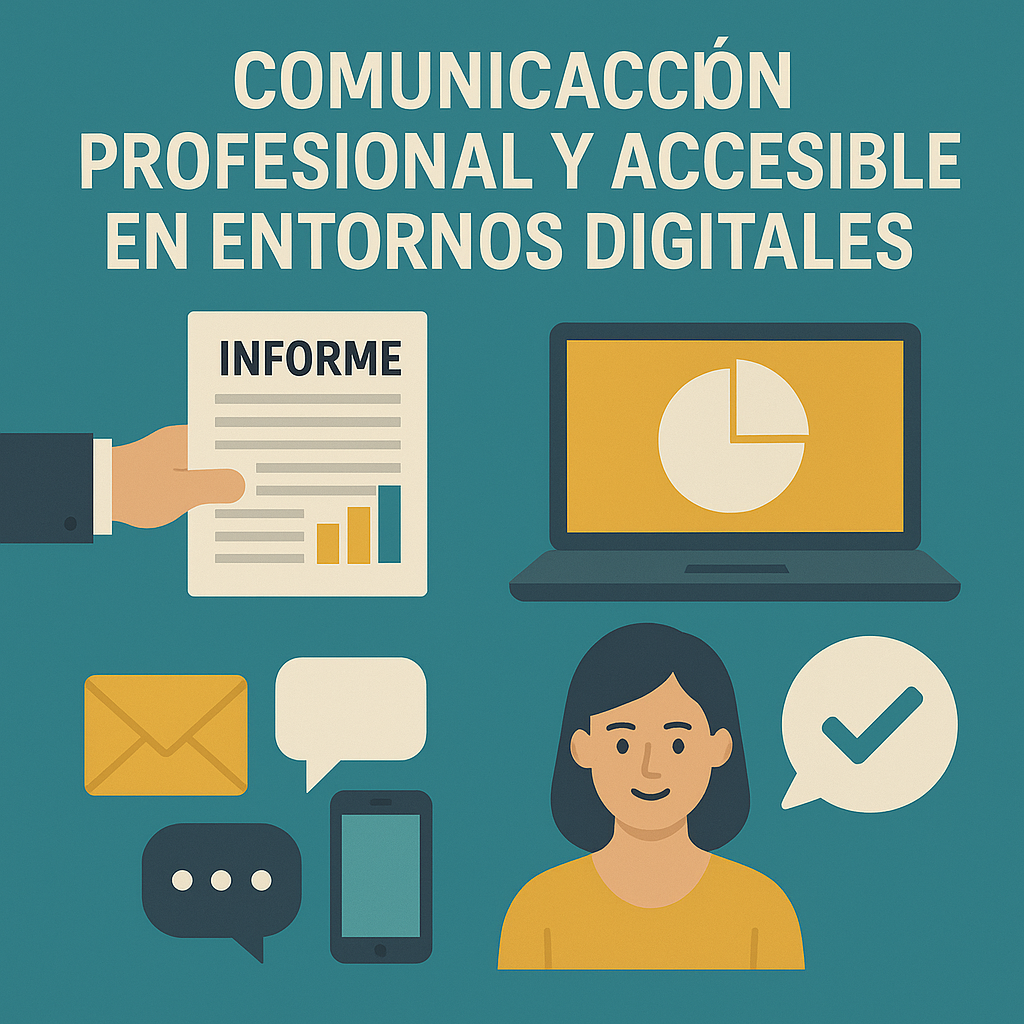 Ilustración sobre comunicación profesional accesible. Muestra un informe, un portátil con gráfico, iconos de mensaje y teléfono, y una persona hablando con un símbolo de verificación.