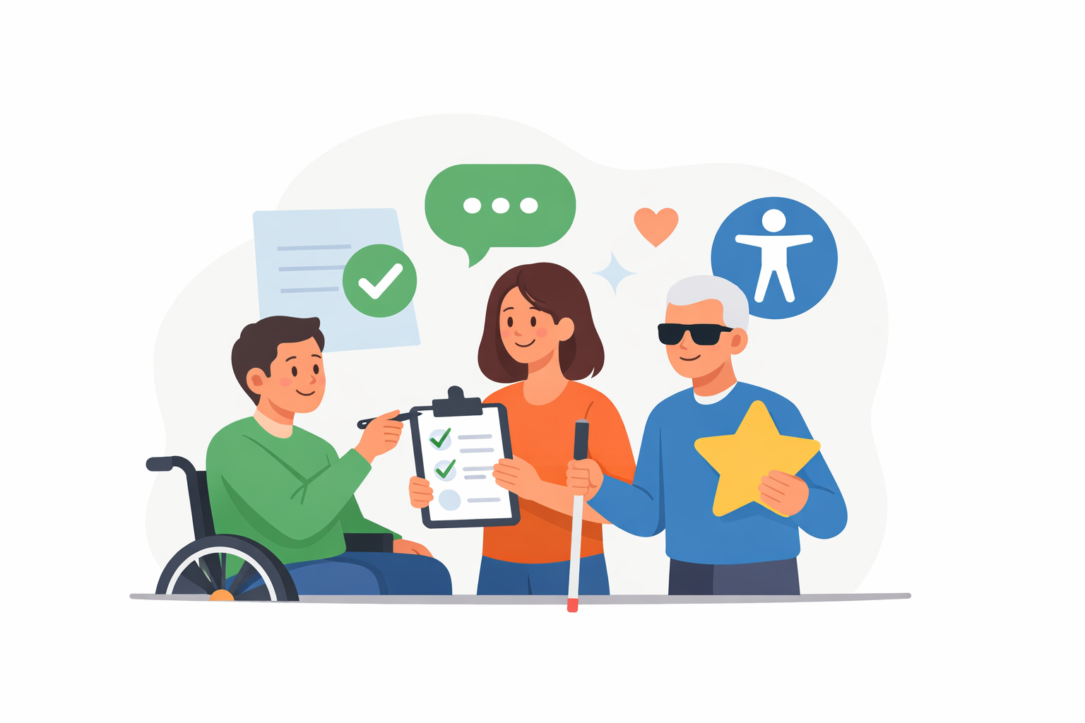 Ilustración que representa a personas diversas participando y compartiendo su opinión para mejorar la accesibilidad digital.