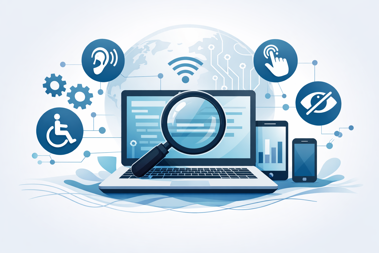 Ilustración de un laboratorio digital accesible con una pantalla, una lupa de análisis y símbolos de accesibilidad conectados que representan la exploración de herramientas digitales inclusivas.