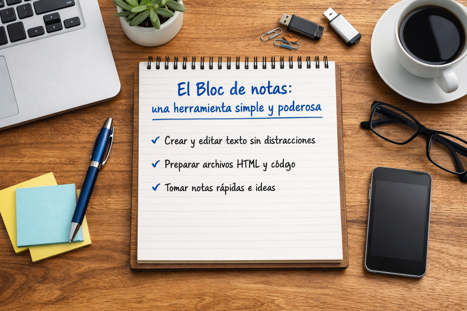 Bloc de notas mostrado sobre una mesa de trabajo junto a un ordenador portátil, un teléfono móvil y material de oficina. La imagen representa el uso del Bloc de notas como herramienta sencilla para escribir texto, crear archivos HTML y tomar notas rápidas.