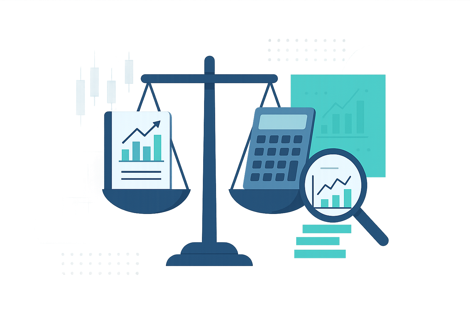 Balanza con una calculadora a un lado y un informe con gráficos al otro. Una lupa destaca una tendencia alcista; representa contabilidad avanzada y análisis financiero.