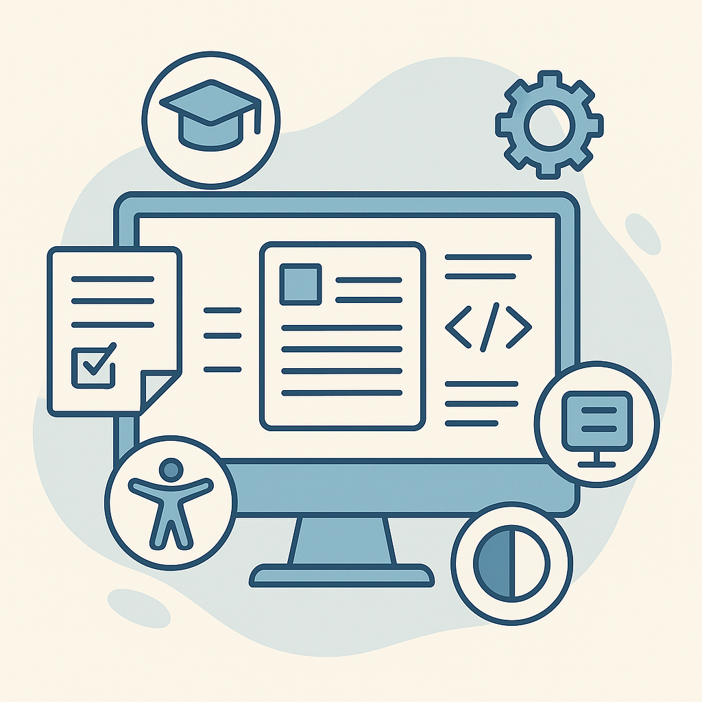 Ilustración de un portfolio digital accesible con documentos, iconos de tecnología y elementos de accesibilidad, que representan formación e inclusión digital.