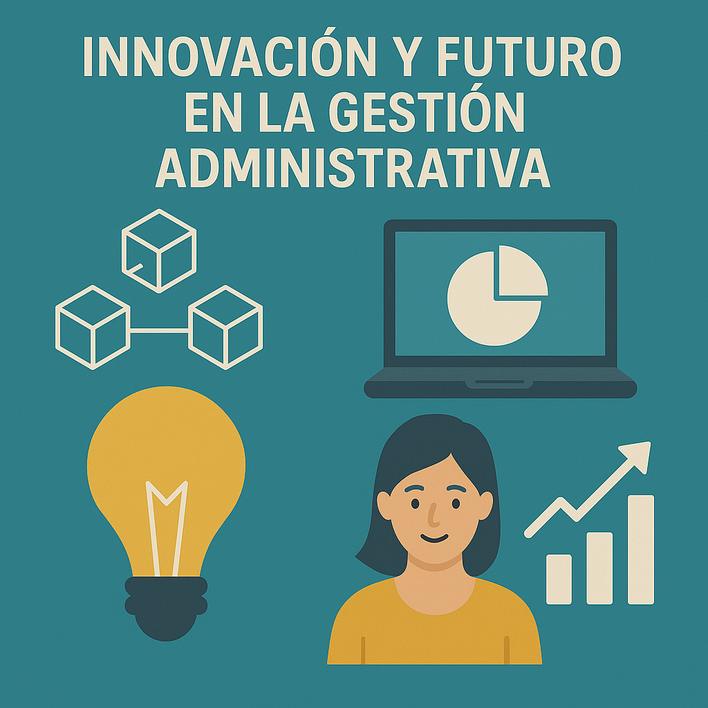 Ilustración sobre innovación en la gestión administrativa con iconos de blockchain, bombilla, portátil con gráfico y una mujer junto a una gráfica ascendente.