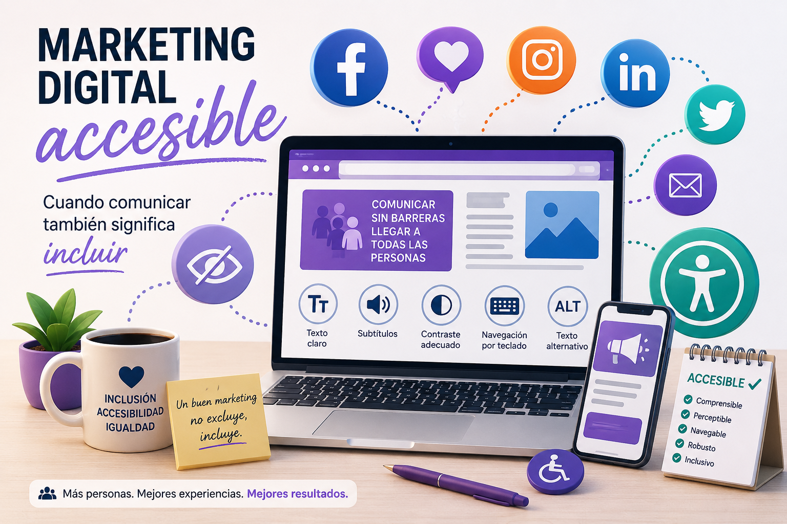 Ilustración sobre marketing digital accesible con un ordenador, redes sociales, símbolos de accesibilidad y mensajes sobre inclusión digital.