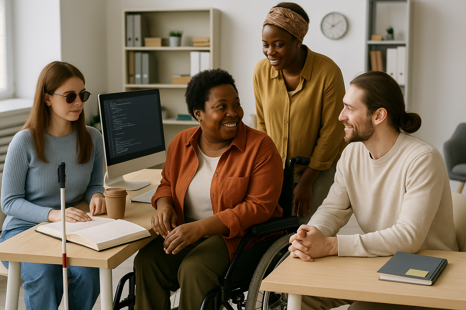 Oficina con equipo diverso trabajando en colaboración: mujeres y hombres de distintas etnias; una persona en silla de ruedas, una persona ciega con bastón y documento en braille sobre la mesa, y otra con ayuda auditiva; todos usando ordenadores.