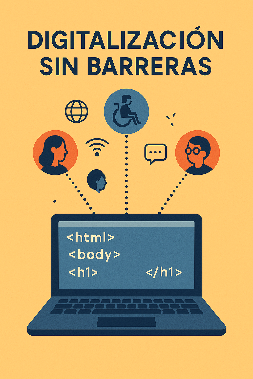 Imagen de portada de Digitalización sin Barreras con un portátil accesible, código HTML visible y símbolos de inclusión digital y accesibilidad conectados alrededor.