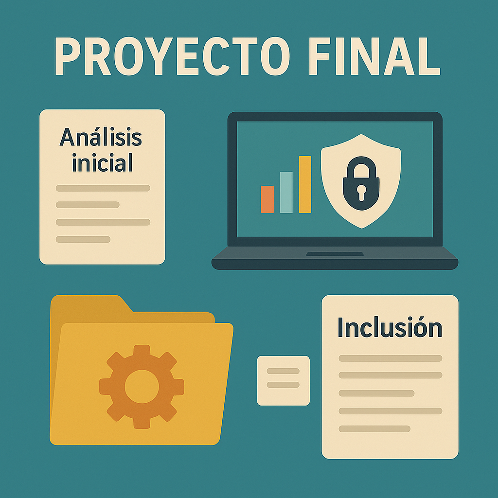 Ilustración sobre digitalización e inclusión empresarial. Muestra un informe con análisis inicial, un portátil con gráficos y escudo, una carpeta amarilla con engranaje y un documento con el título “Inclusión”.