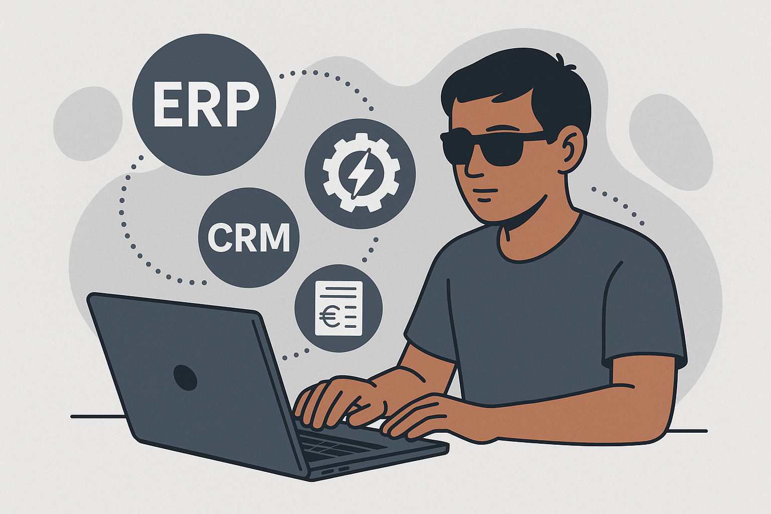 una persona con discapacidad y a su alrededor hay círculos con iconos y texto: uno grande con las letras "ERP", otro con "CRM", un engranaje con un rayo en el centro, y un documento con un símbolo de euro.